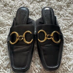 Zara Black Slip-On Loafers Mules with Gold Detail